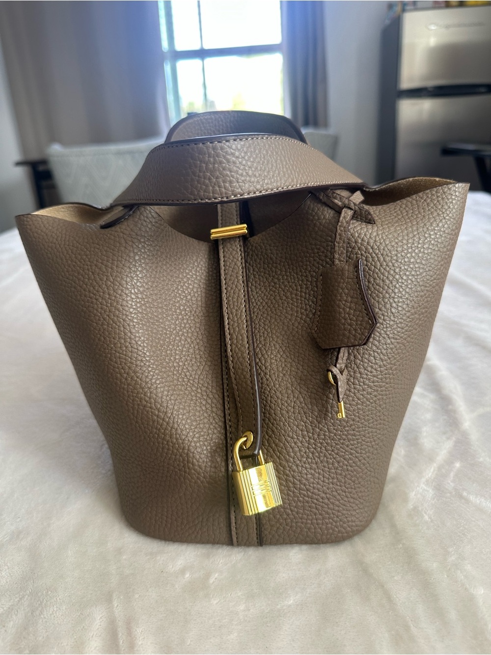 Taupe Pebbled Leather Bucket Bag with Gold Hardware